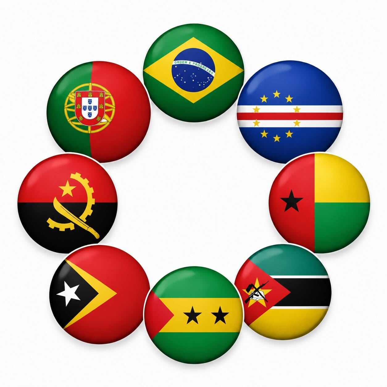 Circular arrangement of flags from Lusophone countries.